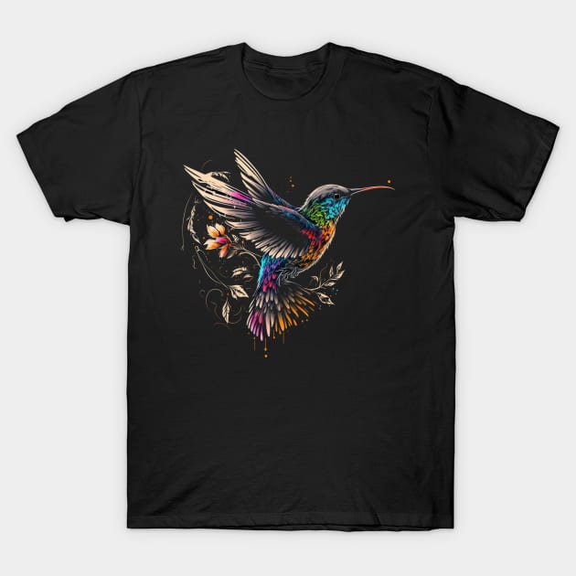 Rainbow Hummingbird with Elegant Flowers T-Shirt by SCHummingbirds